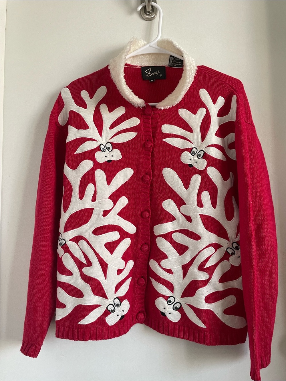 Sincerly Jules Red Cardigan with White Novelty Appliqué